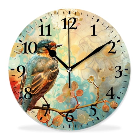 10 Inch Wall Clock Battery Operated Silent Clock Decorative for Office, Kitchen, Outdoor, Living RoomRetro Vintage Paris Eiffel Tower Bird on Purple Flower Adorable