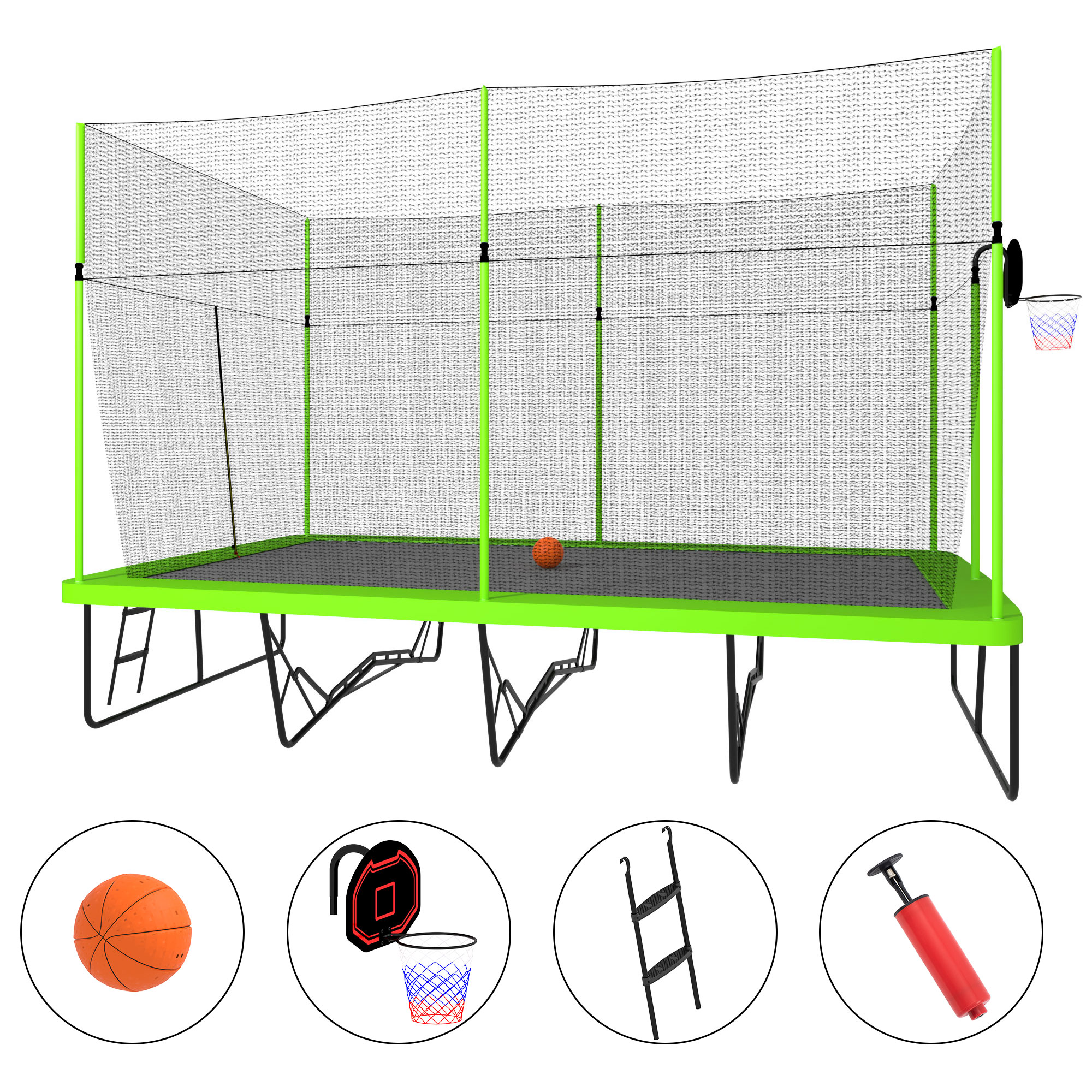 Dcenta 10ft by 17ft Rectangule Trampoline with Green Fabric Black Powder-coated Galvanized Steel Tubes with Basketball Hoop System Ladder - image 1 of 7