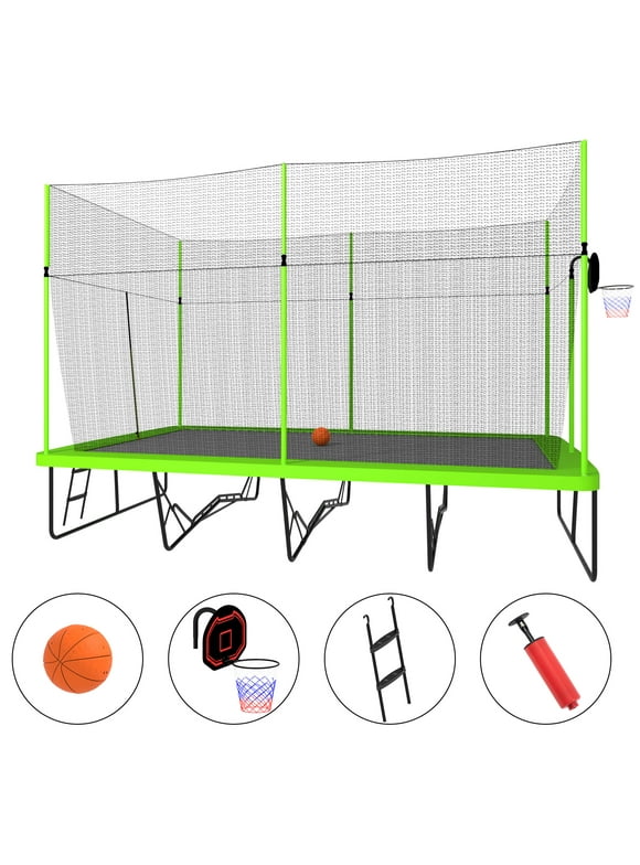 Dcenta 10ft by 17ft Rectangule Trampoline with Green Fabric Black Powder-coated Galvanized Steel Tubes with Basketball Hoop System Ladder