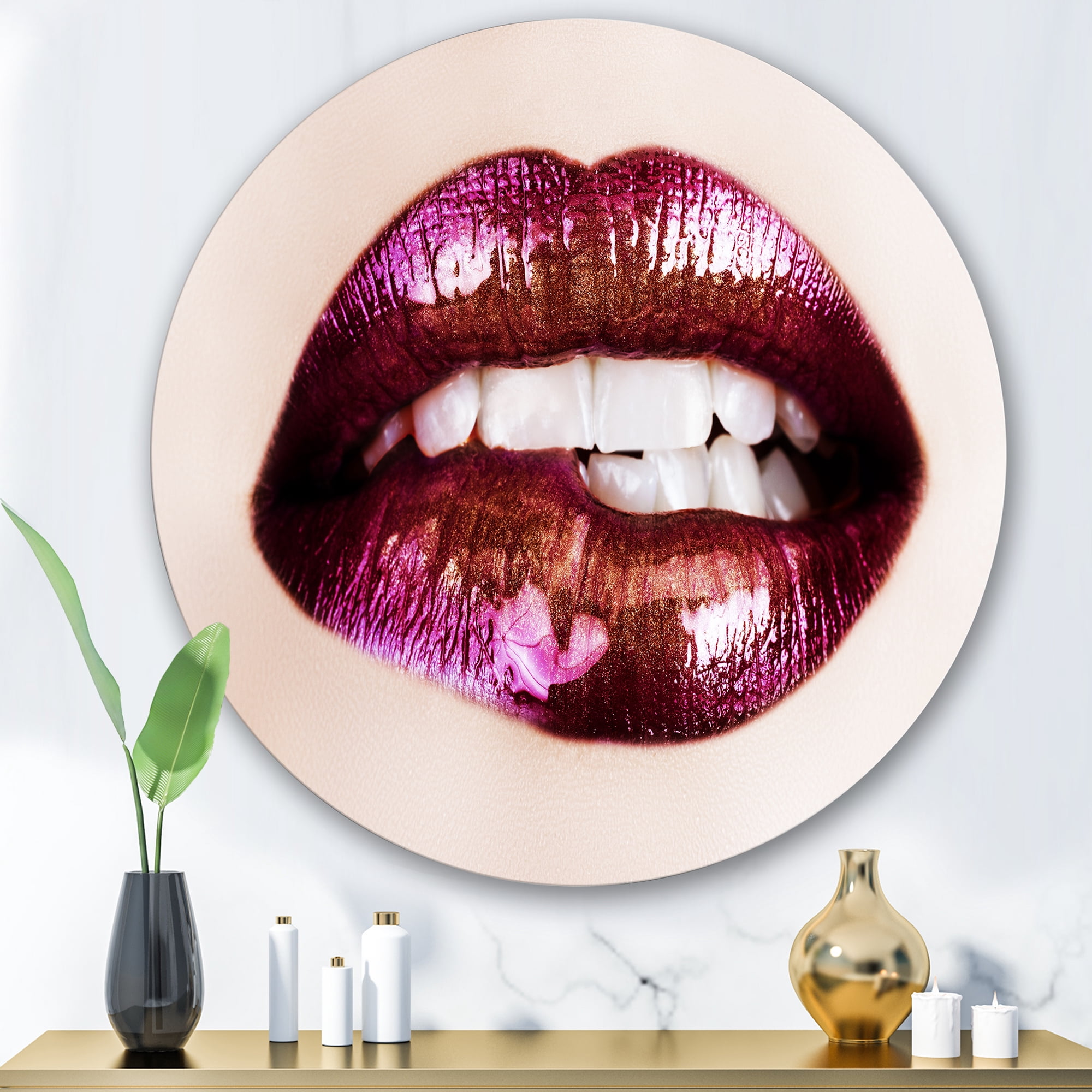 Designart 'Close-Up Of Purple Female Lips' Modern Circle Metal Wall Art 36x36 - Disc of 36