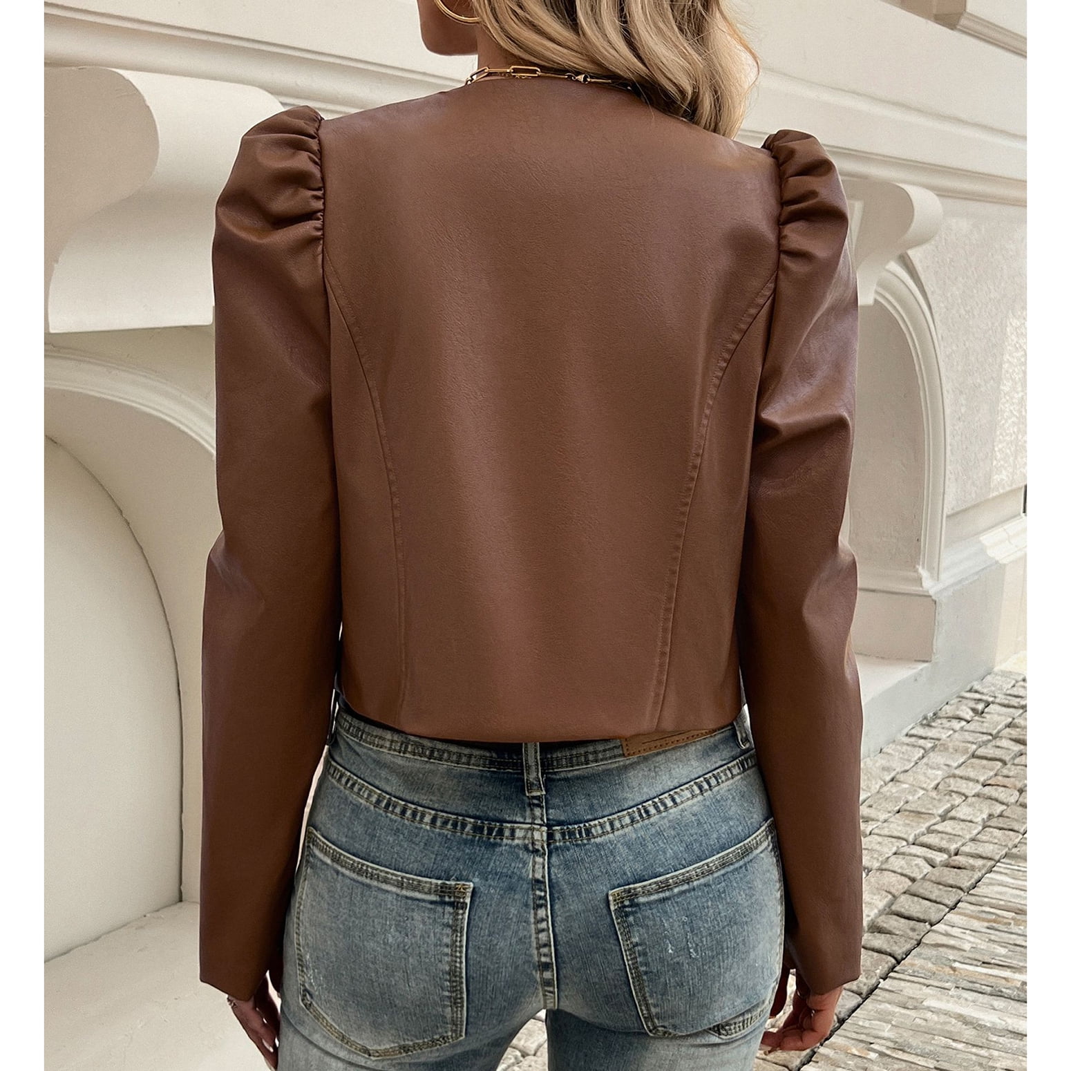 SWSMCLT Women's Leather Jacket Winter Puff Sleeve Faux Leather Dinner Jacket Fall Long Sleeve Fashion Khaki Small