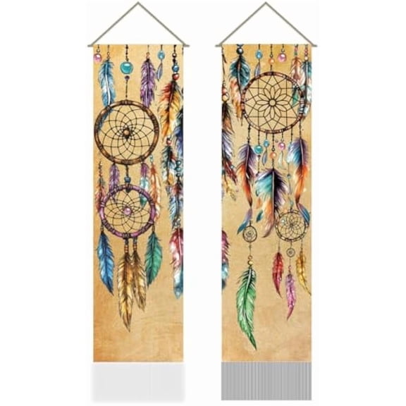 2Pcs Colorful Feather Dreamcatchers Tapestry Indian Tribal Vertical Tapestry Wall Hanging Tassel Wall Aesthetic Tapestry