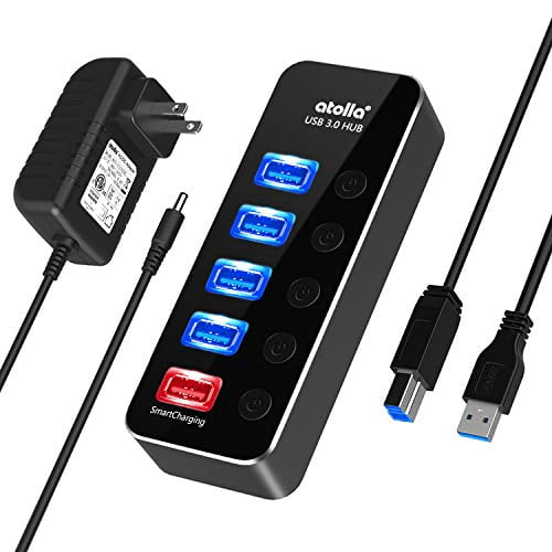 Powered USB Hub, Aluminum 5-Port USB 3.0 Hub with 4 USB 3.0 Data Ports and USB Smart Charging USB Splitter with 5V/3A Power Adapter and Individual Switches - Walmart.com