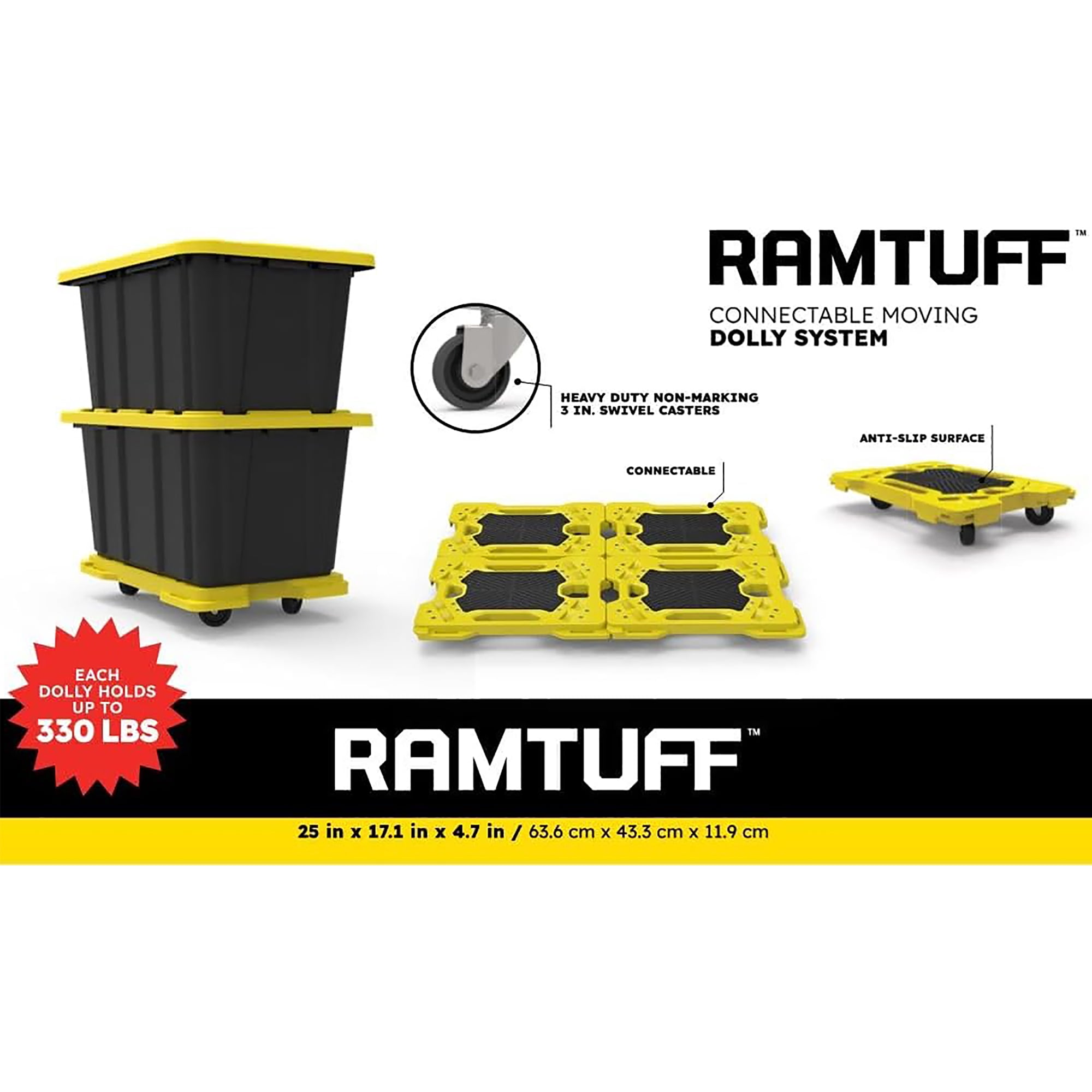 Ramtuff Connectable Moving Dolly, Sturdy Plastic Cart with Swivel Casters, Yellow, 4 Pack