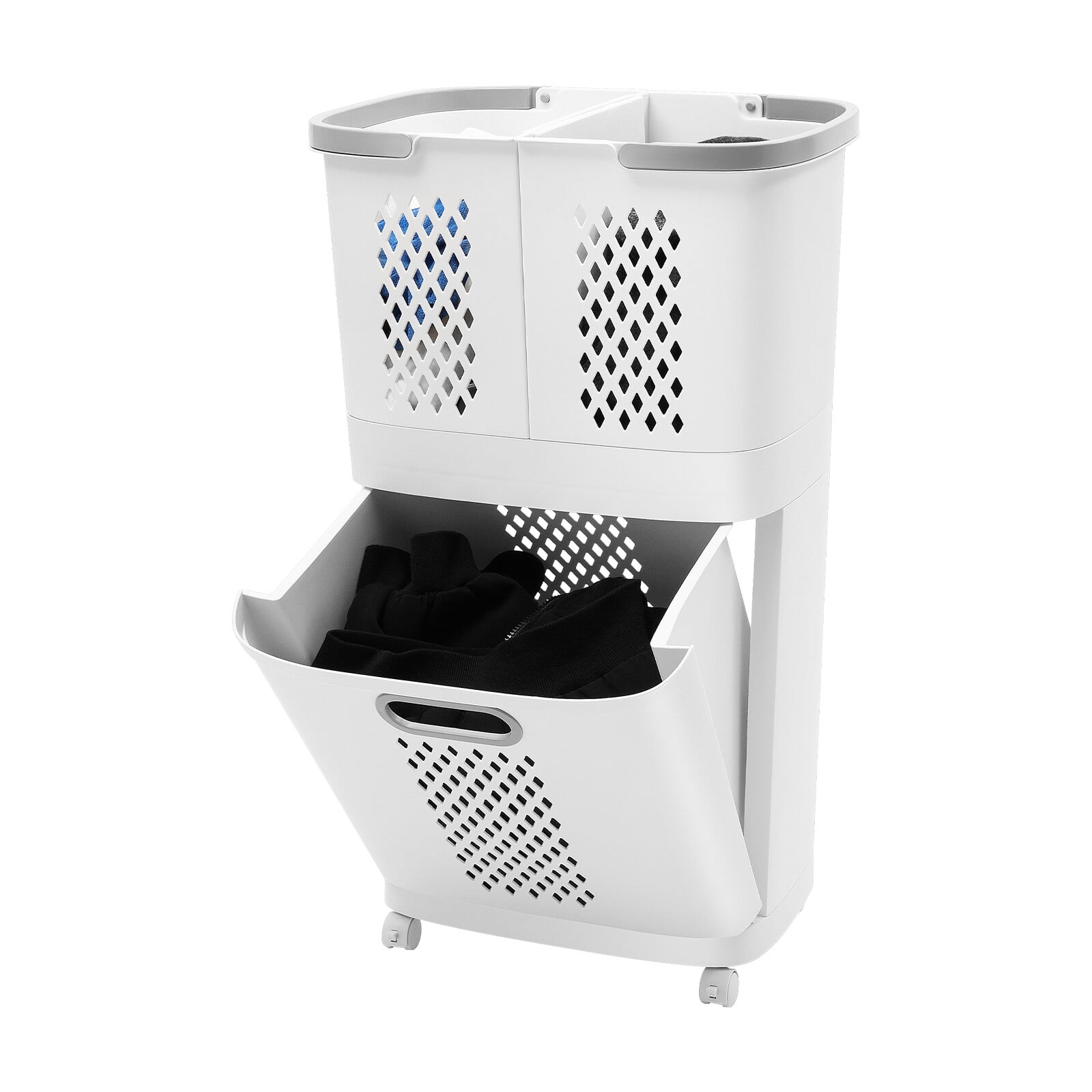 3 Tiers Grey&White Household Hamper Freestanding Portable Laundry Storage Basket for Bedding T-shirts Pants