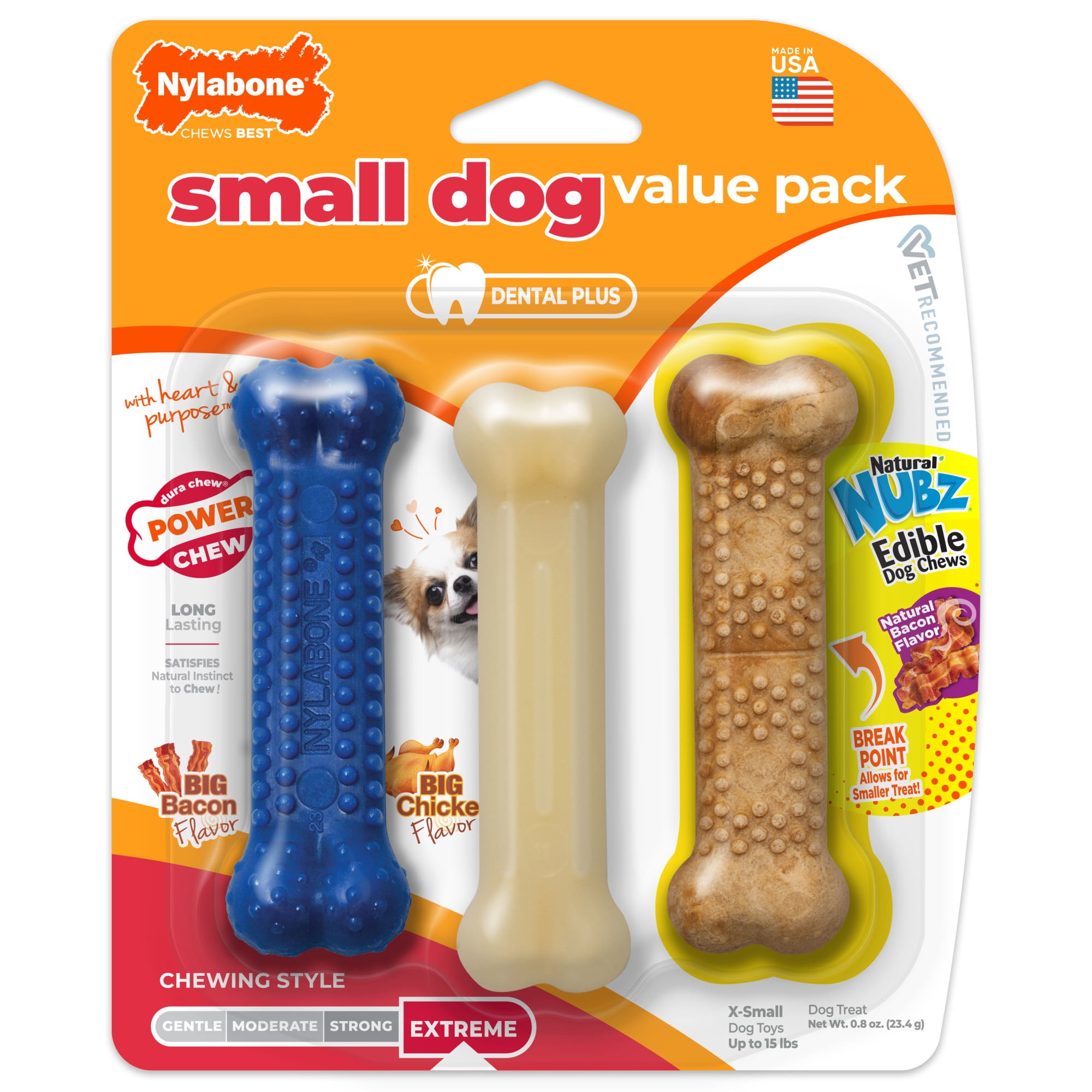 Nylabone Flexi Chew Small Dog Toy Value Pack with Dog Treats, Dog Chew Toys, Bacon & Chicken Flavor, Small, 3 Pack