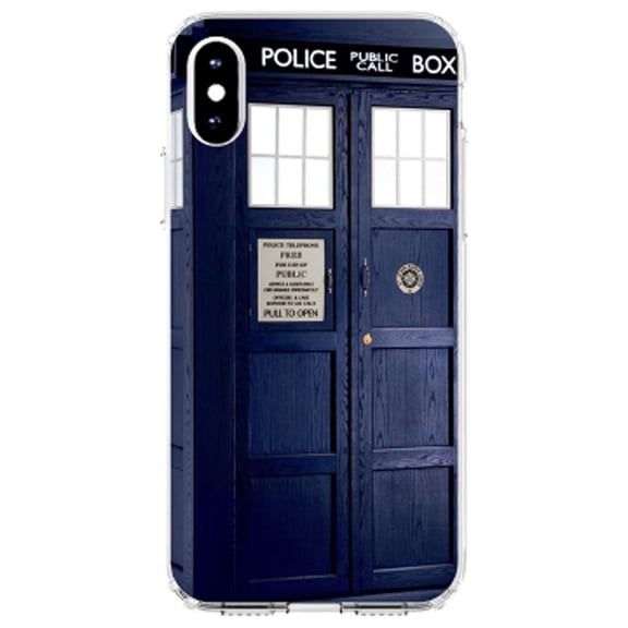 DistinctInk Clear Shockproof Hybrid Case for iPhone XR (6.1" Screen) - TPU Bumper, Acrylic Back, Tempered Glass Screen Protector - TARDIS Police Call Box