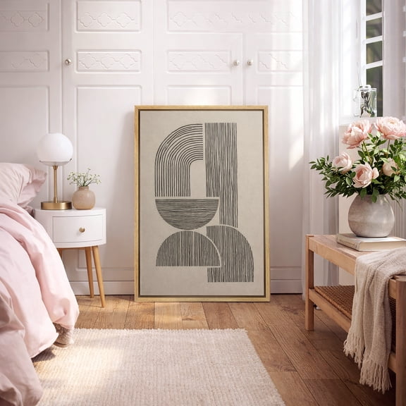 Framed Canvas Wall Art Geometric Line Abstract Print for Living Room Decoration - 16"x24" NATURAL