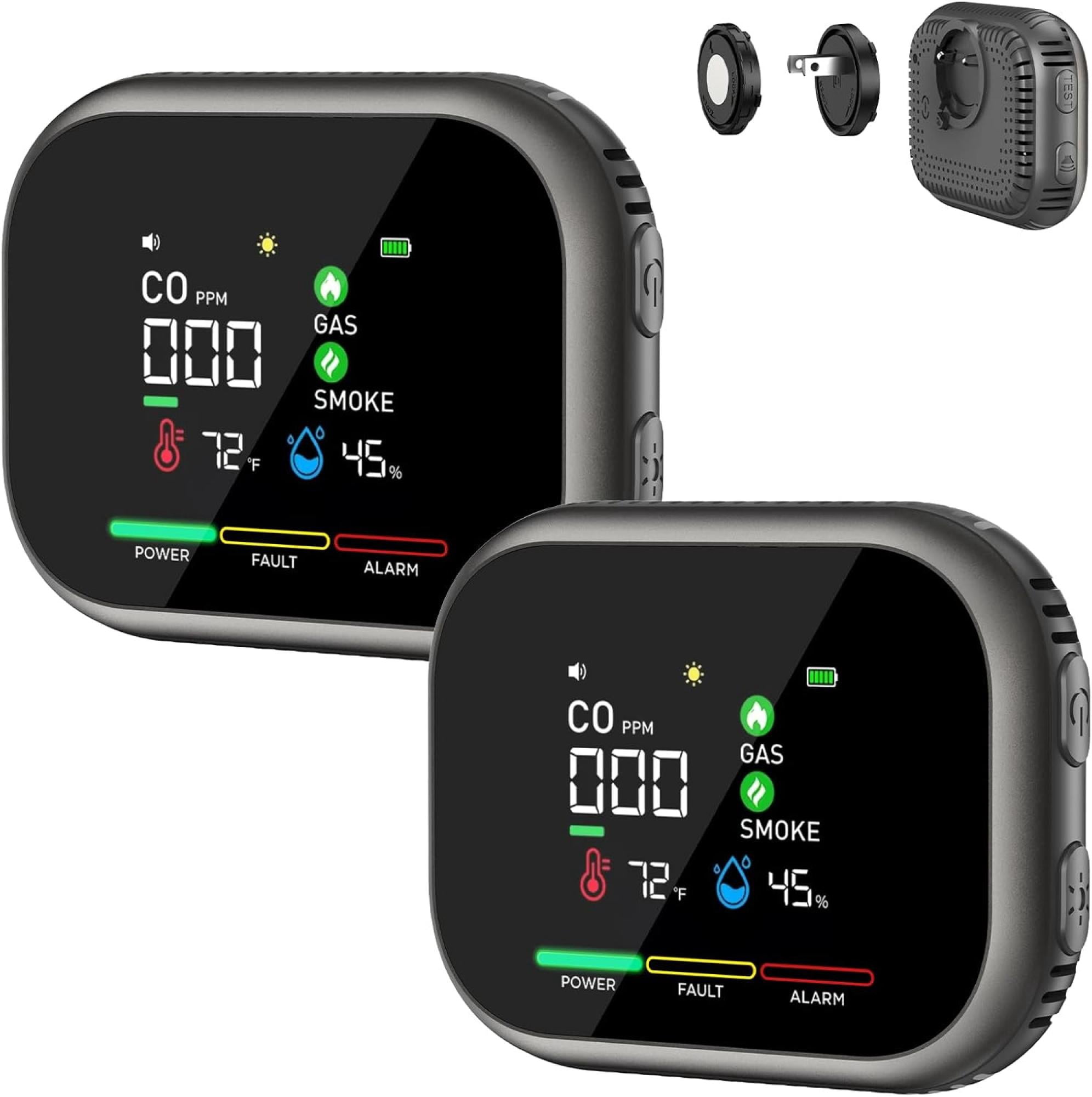 6-in-1 Portable Gas Detector, Plug-in & Battery Powered CO Smoke Gas Monitor with 2.8" Rotatable HD Screen, 85dB Alarm, High-Precision Sensor for Home, RV, Camping & Car Travel