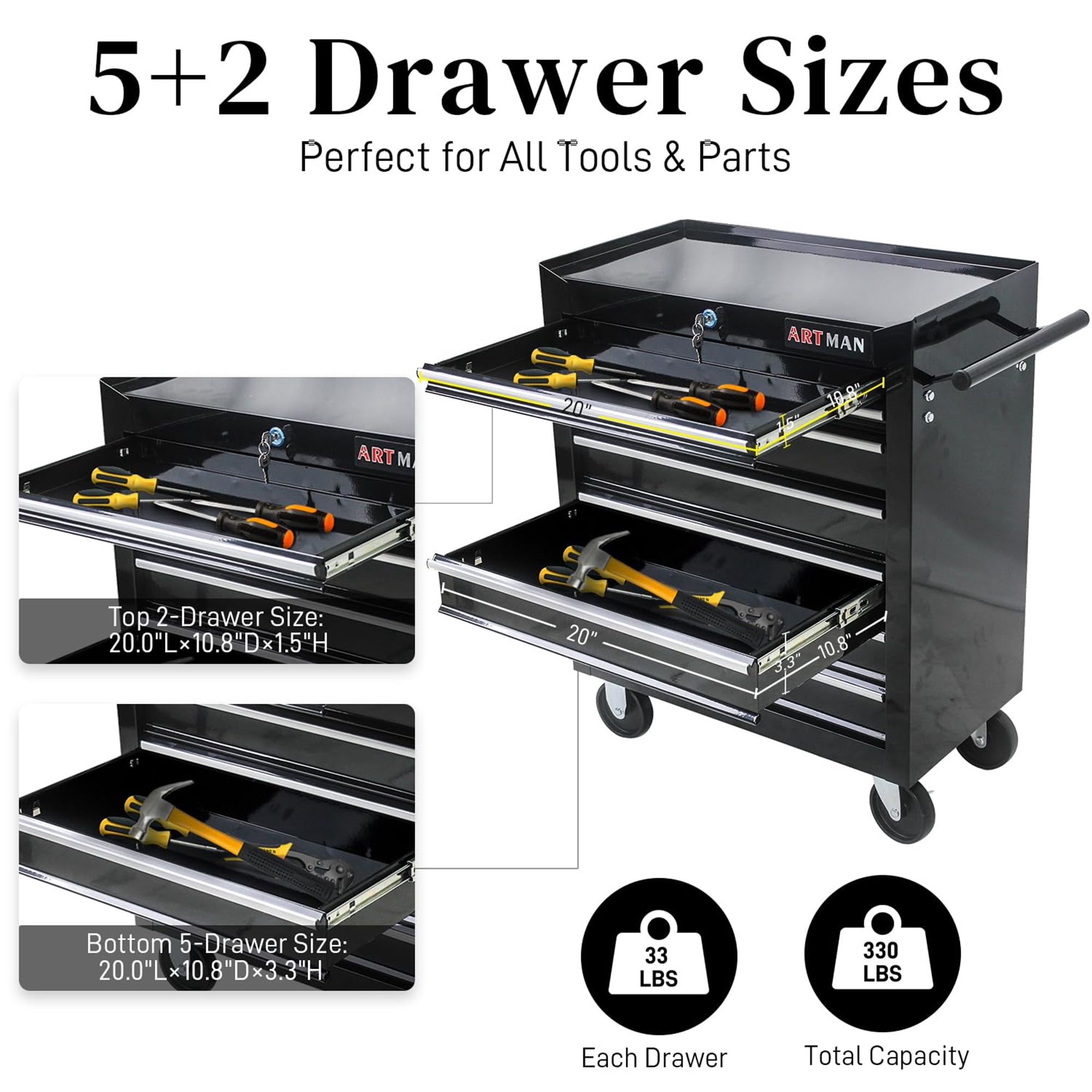 Aukfa Tool Chest, 24.5 in 7-Drawer Steel Rolling Tool Box on Wheels for Workshop Garage, Black