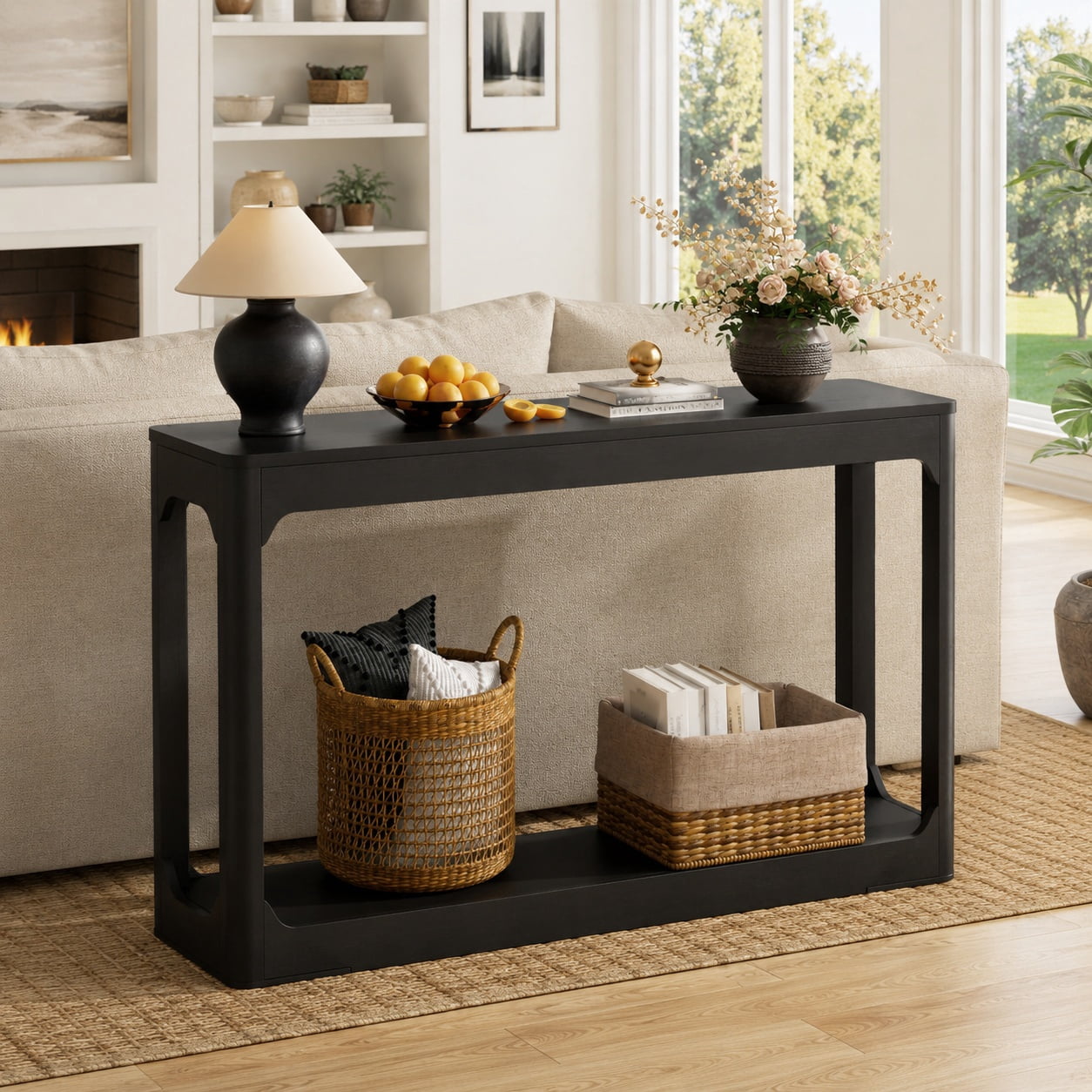 Aukfa 55.1" Wood Console Table, Narrow Sofa Table with 2-Tier Open Shelf for Entryway Hallway Living Room,Black