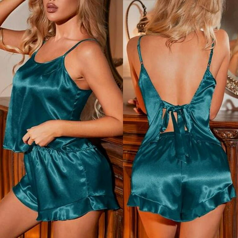 Baskuwish Pajamas Set Sexy Women Satin Sleepwear Lingerie 2 Piece Silk Pjs Cami Top and Shorts Sleep Camisole Nightwear Gift, Women's, Size: One size