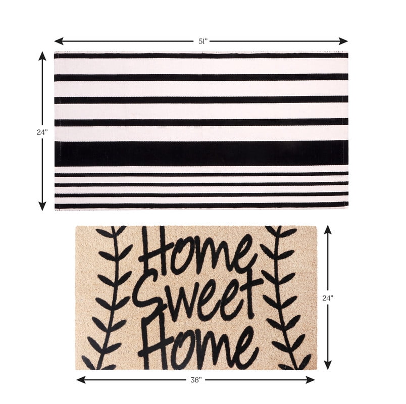 A1HC Coir Welcome Mat and Black & White Striped Cotton Rug Combo Set, 24"x36" & 24"x51", Hand-Woven Washable Entryway Décor