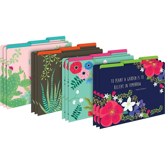 Barker Creek Designer File Folders Set of 12, Petals & Prickles, Multi-Design Set, Colorful Flowers and Succulents, Letter Size, 1/3 Cut Tabs, 12-Pack, Home, School and Office Supplies (1306)
