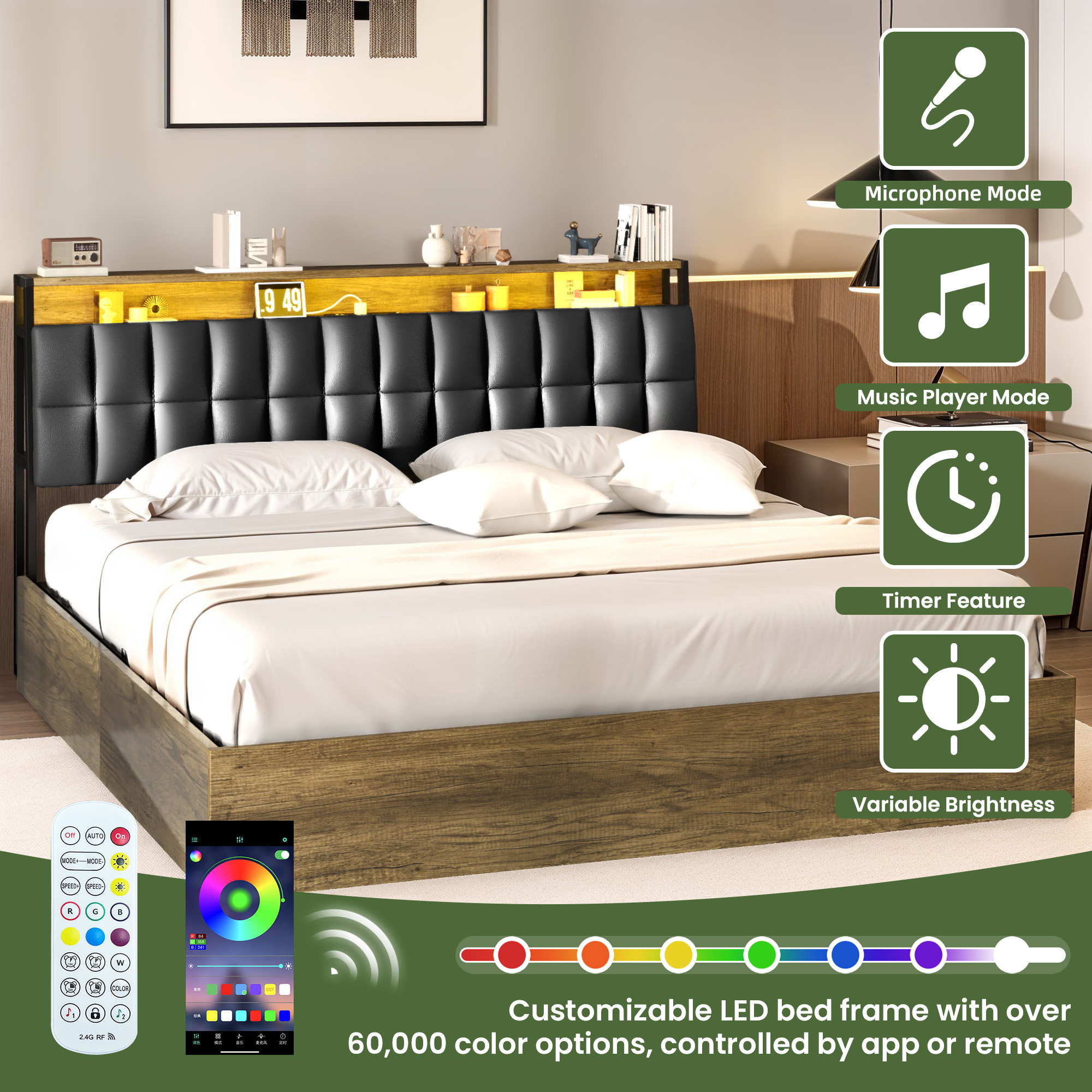 Uforic King Size Bed Frame with Lift Up Storage, Upholstered Bed Frame with Power Outlets & PU Headboard, Oak