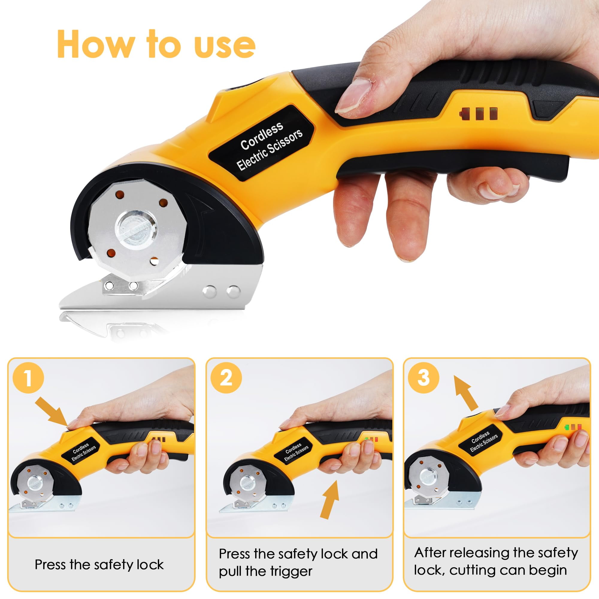 Electric Scissors, Cardboard Cutter with Safety Lock, LED Light, 220RPM Rotary Cutter for Cardboard, Fabric, Box, Leather