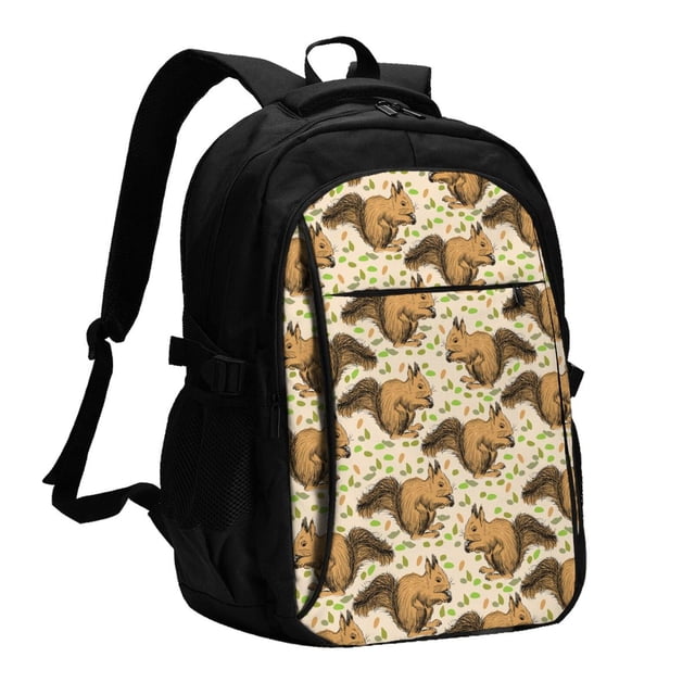 Balery Cute Squirrel with Green Leaves Mochila con carga USB para hombre y mujer - Mochila impermeable y antirrobo para portátil con puerto USB para viajes, trabajo, estudios y universidad