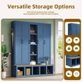 thumbnail image 4 of Farmhouse 4-in-1 Hall Tree with 6 Hooks & Open Storage Compartments, Multi-Functional Shoe Cabinet & Seating Bench for Entryway, Mudroom, Living Room - Durable MDF Construction, Blue, 4 of 9