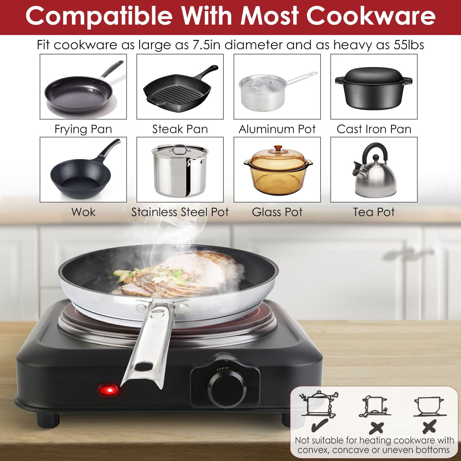 1000W Electric Infrared Single Burner Portable Heating Hot Plate Stove Countertop RV Hotplate with 7.5' Glass Cooktop Stepless Temperature Adjustments for Home RV Camp