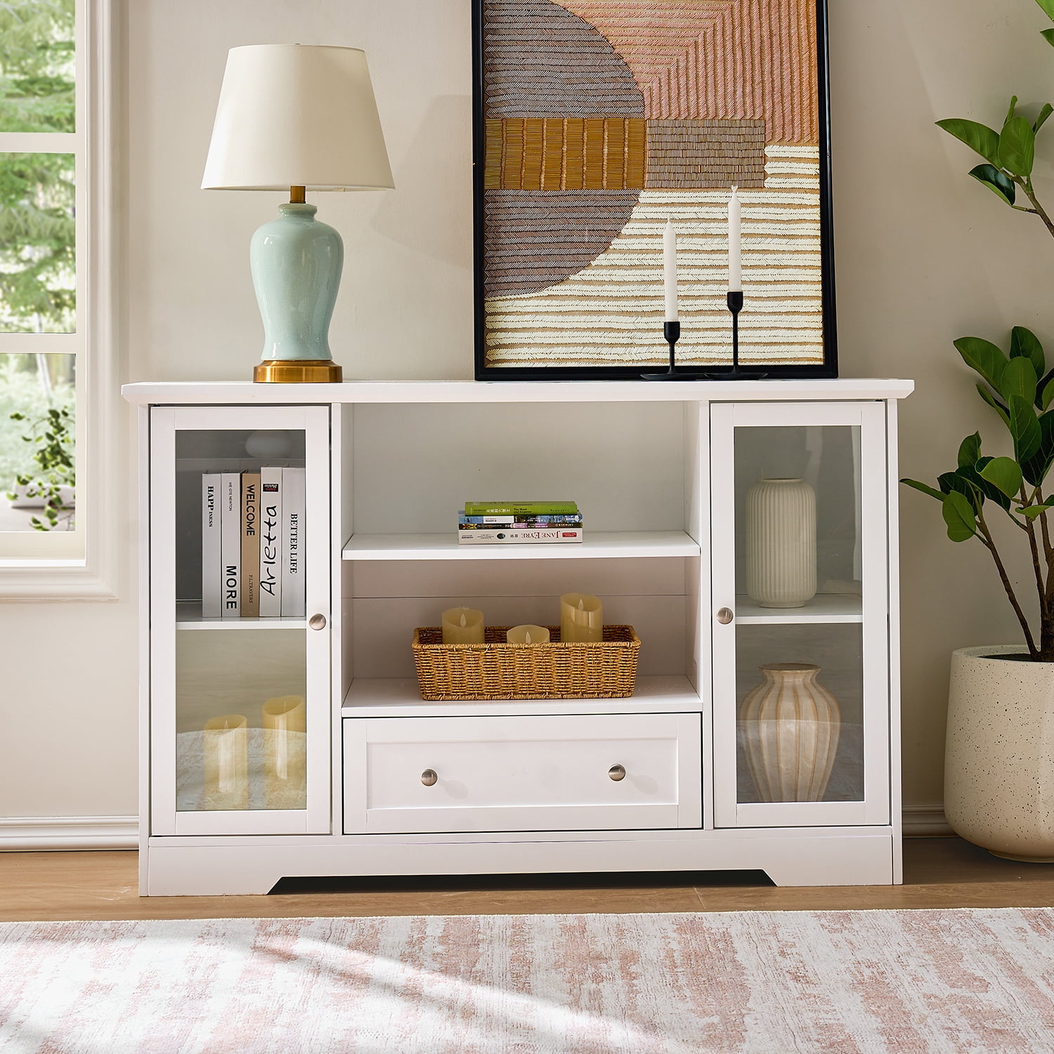 Mintazer 51" Large Sideboard Buffet Cabinet with Drawer, Storage Cabinet with 2 Glass Doors & Adjustable Shelves for Kitchen Living Room, White