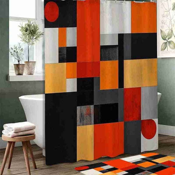 70x70 inch Abstract Geometric Block Shower Curtain, Waterproof Polyester Fabric with Hooks for Bathroom Decor