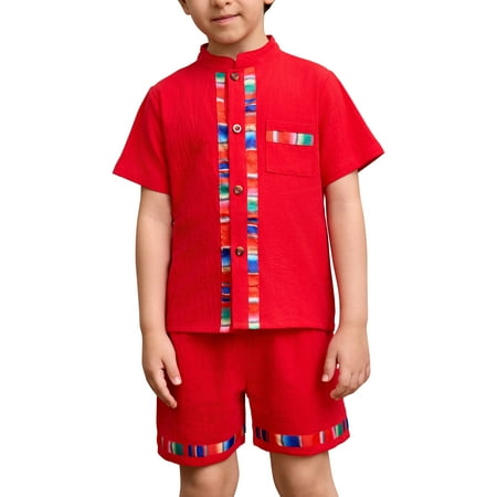 IDOPIP Toddler Baby Boys Mexican Outfits Short Sleeve Button Up Shirt+Shorts Traditional Ethnic Wear