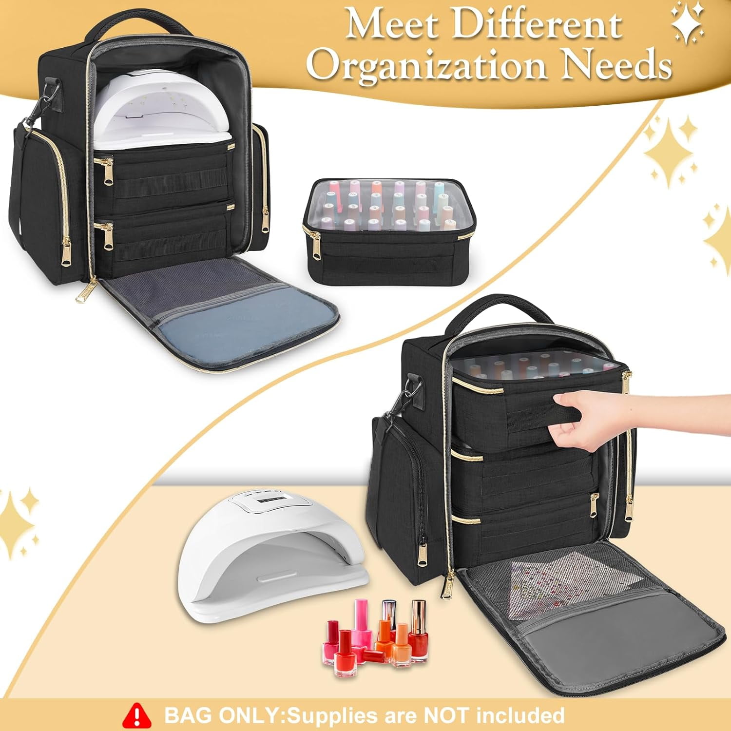 YOREPEK Large Travel Makeup Bag Cosmetic Store Organizer Bag with 3 Detachable Foam Slot for Nail Polish, Black
