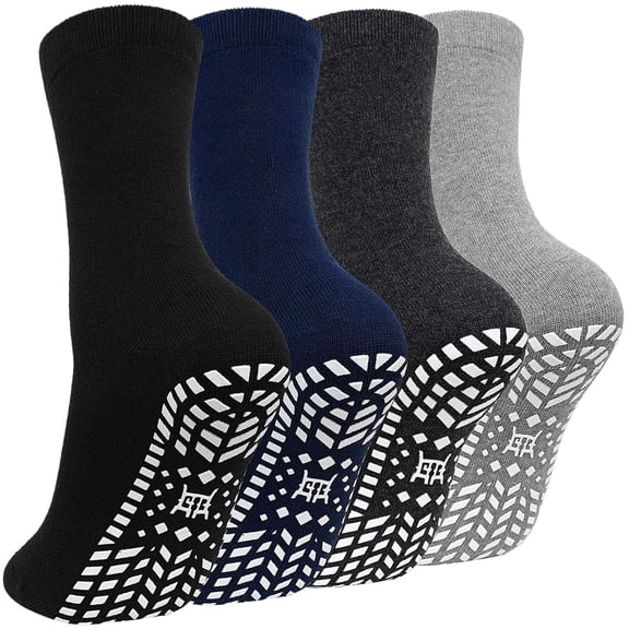 Mens Grip Socks, AMITOFO Anti Slip Crew Socks for Men-Non Slip Hospital Home Walking Socks for Elderly, 4 Pairs (Size 13-15 )