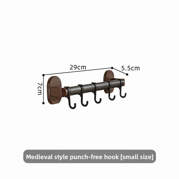 Vintage Wall-Mounted Kitchen Storage Rack No-Drill Wall Hooks Row Hooks Walnut Wood Grain Kitchen Shelf