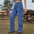 thumbnail image 2 of Low Rise Flare Jeans High Waist Stretch Cargo Pants Women Baggy Multiple Pockets Relaxed Fitting Straight Wide Leg Pants S-54 Dark Blue XL, 2 of 9