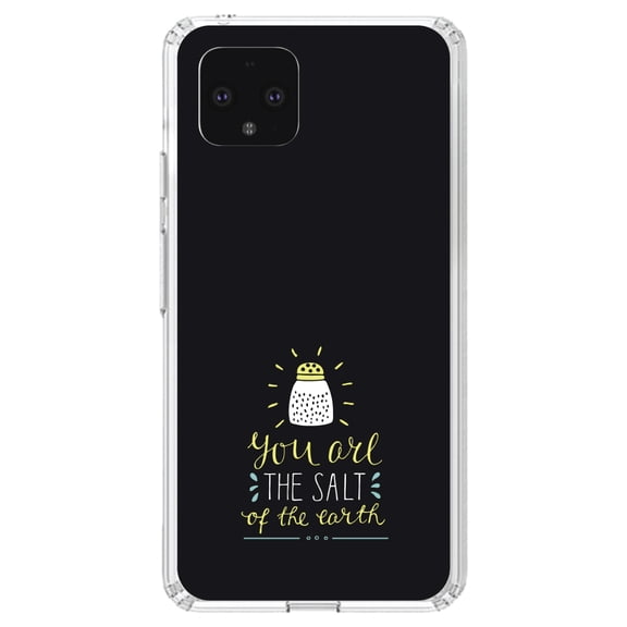 DistinctInk Clear Shockproof Hybrid Case for Google Pixel 4 XL (6.3" Screen) - TPU Bumper, Acrylic Back, Tempered Glass Screen Protector - You Are the Salt of the Earth - Black Yellow