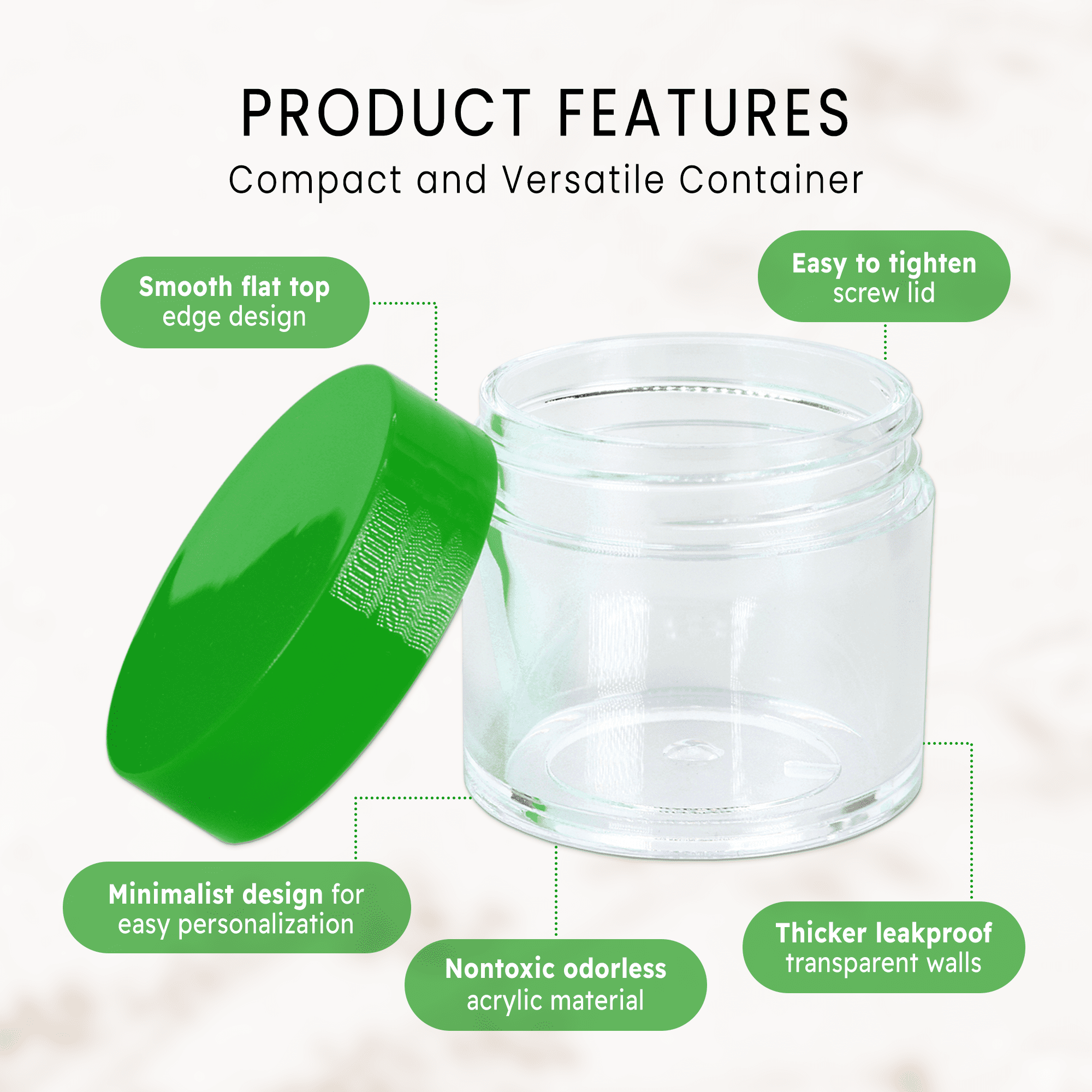 Beauticom 24 Pieces High Quality 30 Gram 30 ml (1 oz) Round Acrylic Makeup Product Sample Travel Jars with Flat Green Lids