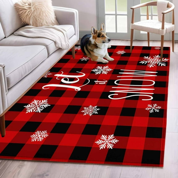 Red Black Plaid Christmas Area Rug 3x5 Washable Rug Non Slip Xmas Snowflake Winter Large Area Rug Indoor Floor Carpet for Entryway Bedroom Kitchen Living Room Home Office Dining Room Nursery