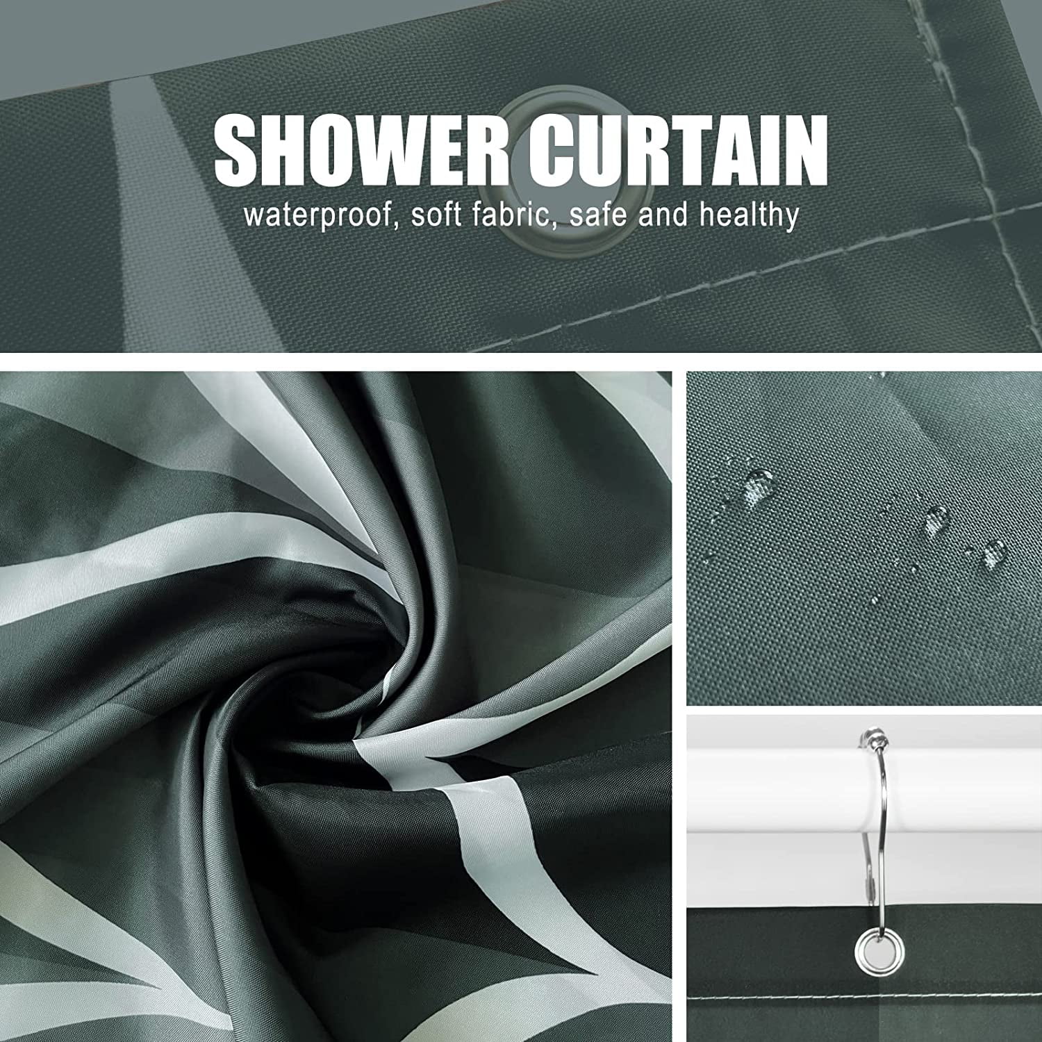 Black Dark Green Geometric Shower Curtain,Waterproof Design and Polyester,Quick-Drying,Weighted Hem,Black Green Shower Curtains Set for Bathroom W 72 x H 72,Durable and Washable with 12 Hooks