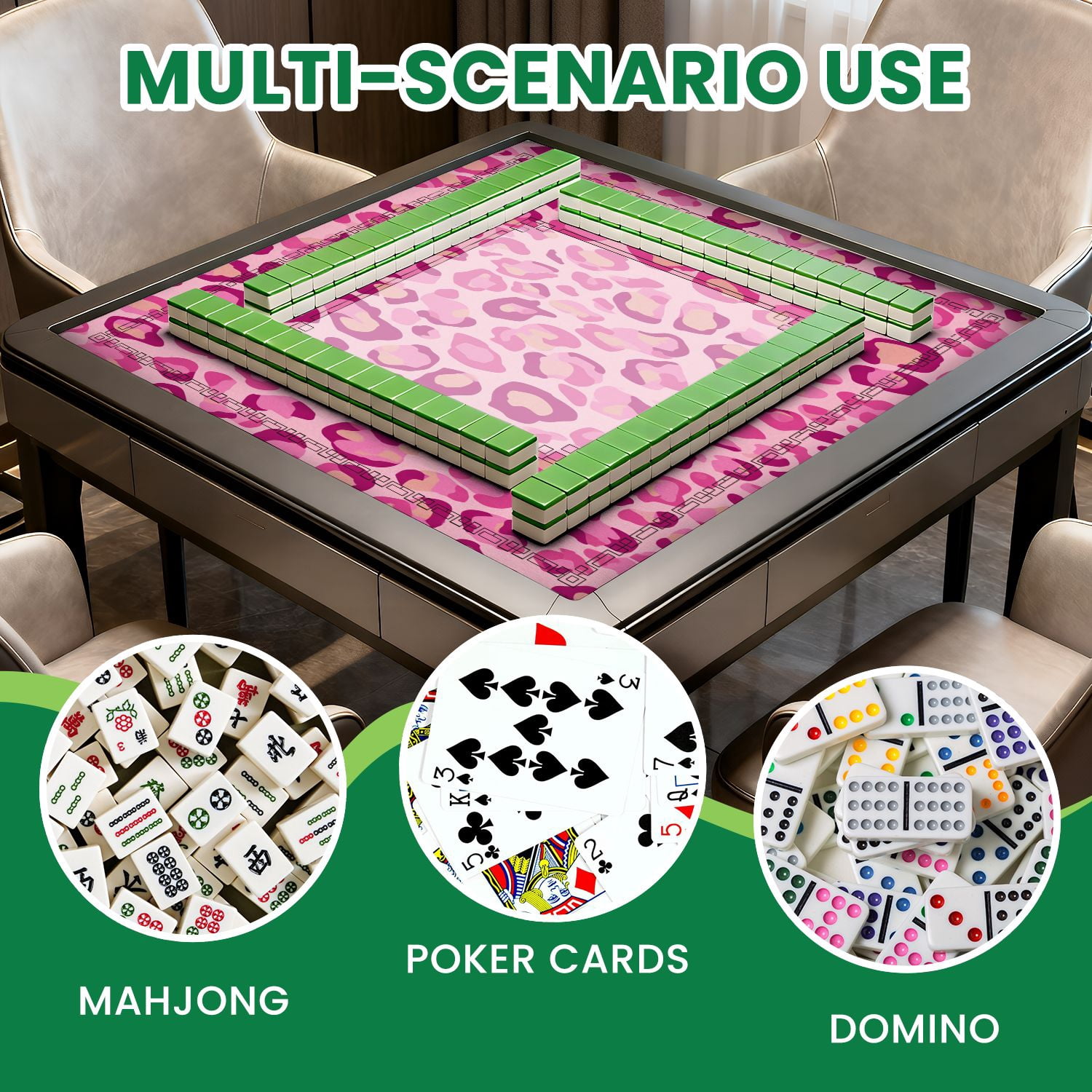 Mahjong Mat 31.5" x 31.5" Seamless pink leopard print tileable animal Non-Slip Noise Reduction American Mahjong Tiles Table Cover for Dominoes Poker Card Board Games Gift
