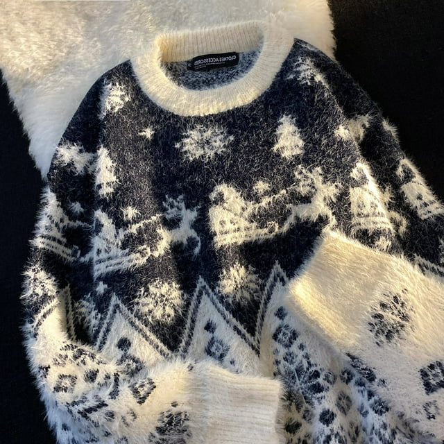 EGNMCR Chandail de Noël Moelleux Cadeaux pour Femmes Imprimé Père Noël Col Rond Manches Longues Hauts, Cadeaux pour Femmes