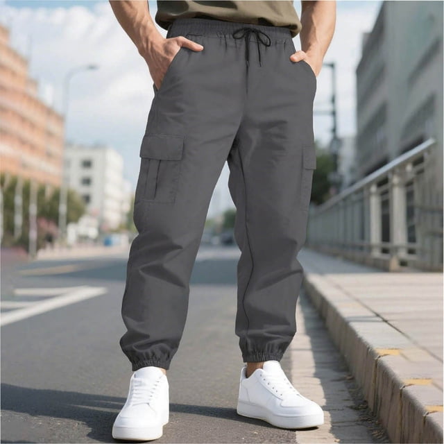 Ceisia Men's Spring Summer Casual Sports Gift Work Pants - Loose Straight Leg Multi-Pocket Drawstring Elastic Waist Outdoor Pan ts