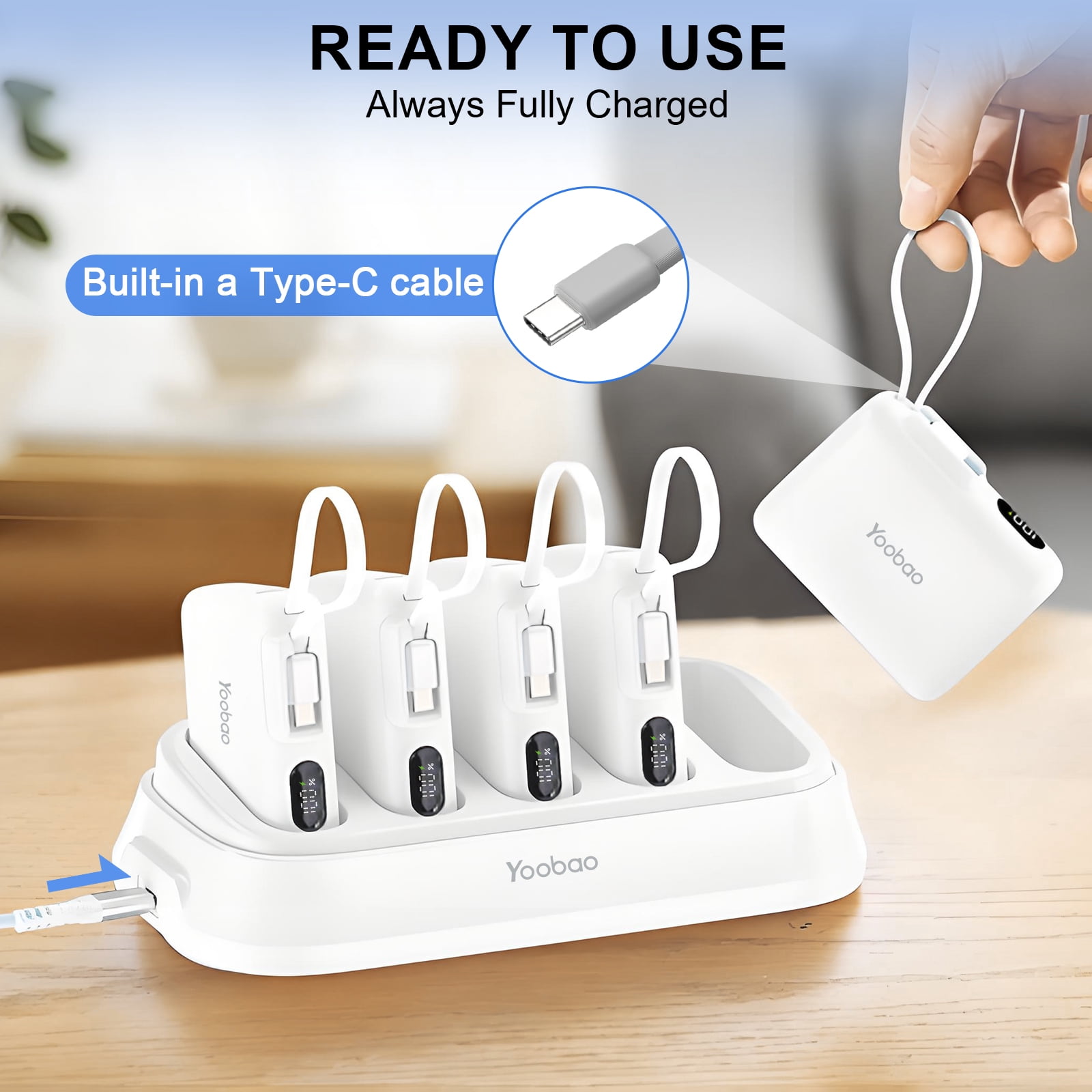 Yoobao 10000mAh Portable Charger with Charging Dock - 22.5W Fast Charging Power Bank with USB-C Cable for iPhone Samsung Android, 5 in 1 Charging Station for Home Office Restaurant, White