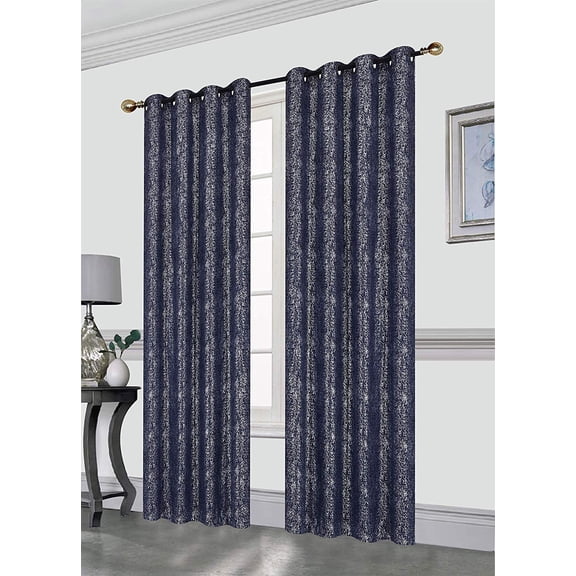 Kashi Home Sabrina Decorative Silver Foil Print 52X84 Blackout Window Curtain Panel with 8 Grommets, Single Panel, Navy