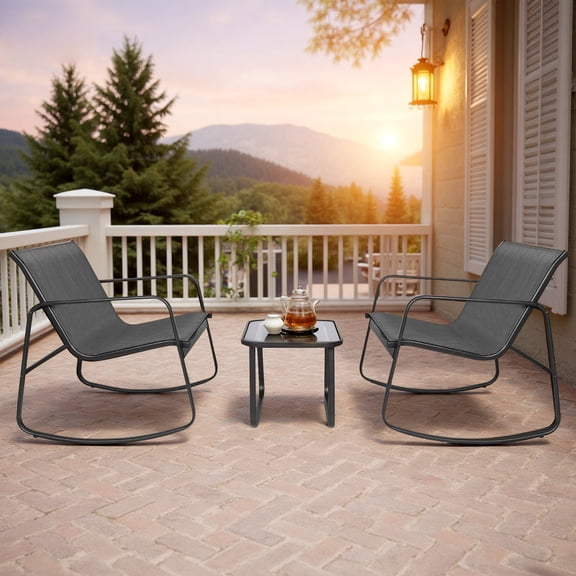 Bigleap 3-Piece Outdoor Rocking Set with Textilene Chairs & Glass Table – Patio, Garden, Poolside Conversation Set, Black
