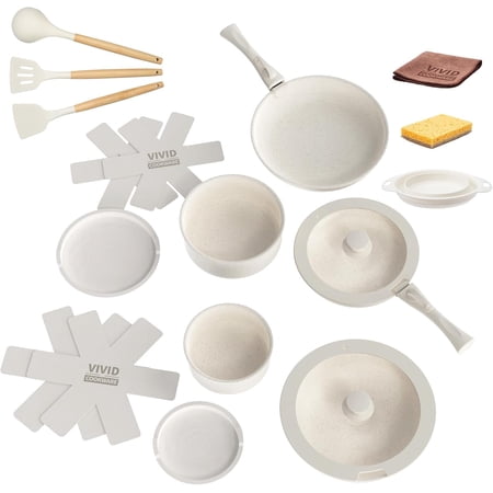 Pots and Pans Set Non Stick, 22Pcs Ceramic Cookware Set with Detachable Handle, Non-toxic Kitchen frying Pan Sets with Induction & Oven Safe, Cream White