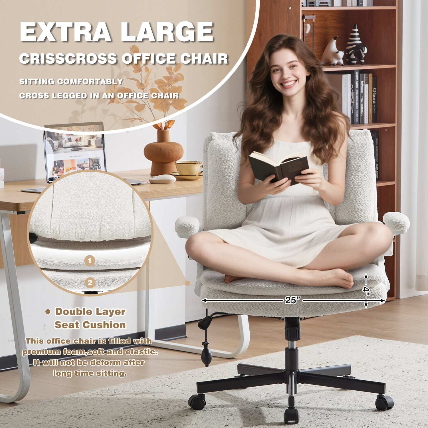 Wide Criss Cross Chair with Flip Up Back Cushion and Arms, Ergonomic Cross Legged Office Chair with Dynamic Lumbar Support, Upholstered Swivel Rolling Vanity Chair for Customized Comfort