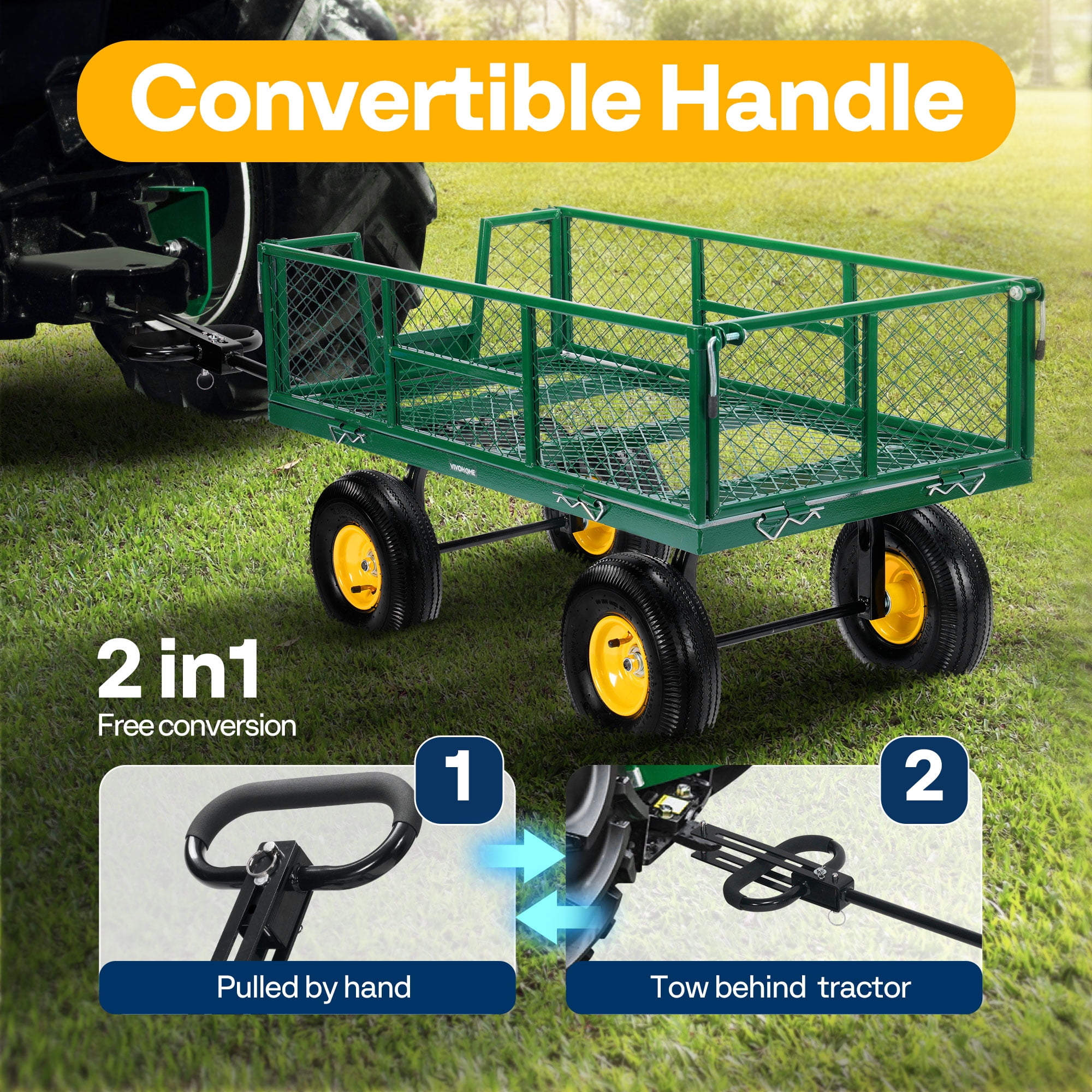 SPECSTAR Steel Wagon Cart 900lbs Capacity, with 10 inch Tire and Handle Attach to ATV or Tractor, Green