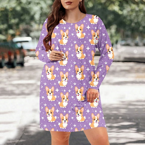 Elvqul Plus Size Nightgowns for Women Casual Purple Sleepwear Large Loose Long Print Long Sleeve Ladies Sleep Shirt Comfortable