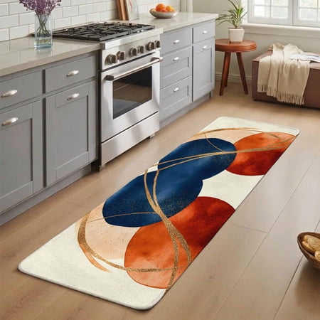 Abstract Graffiti Washable Runner Rug 3X7 ft Vintage Art Orange Blue Gold Lines Non-Slip Hallway Runner Rug Linen Kitchen Runner Mats Indoor Floor Carpet for Entryway Bathroom Bedroom Living Room