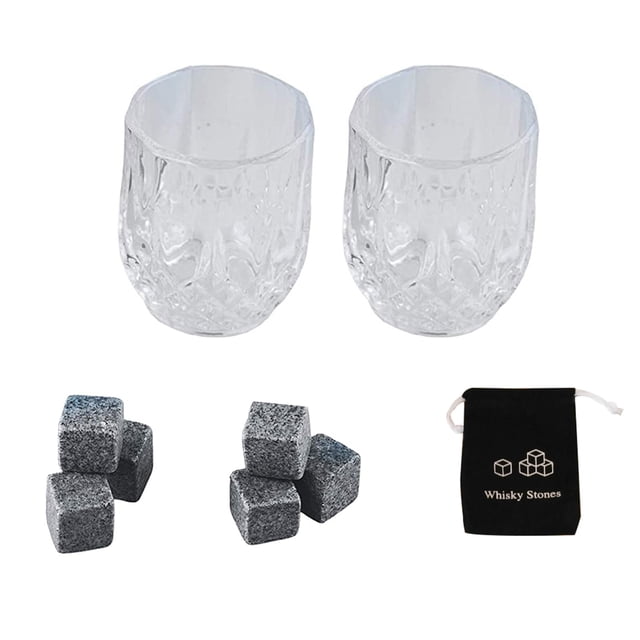 Juego de 6 piedras para whisky, piedras para enfriar, 2 vasos, caja de madera TFixol Cubo de granito