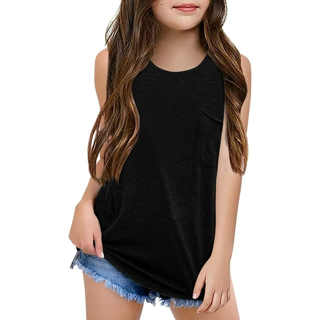 Kids Girl's Crewneck Solid Basic Tank Tops Sleeveless Casual Top With Pocket