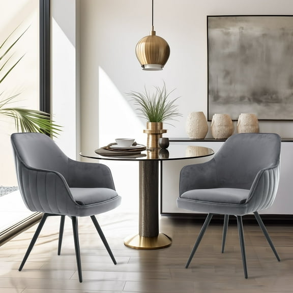 Dining Chair Set of 2, Modern Accent Armchair with Metal Legs, Upholstered Velvet Kitchen Chairs, Living Room Chair for Dining Room Living Room Bedroom, Gray