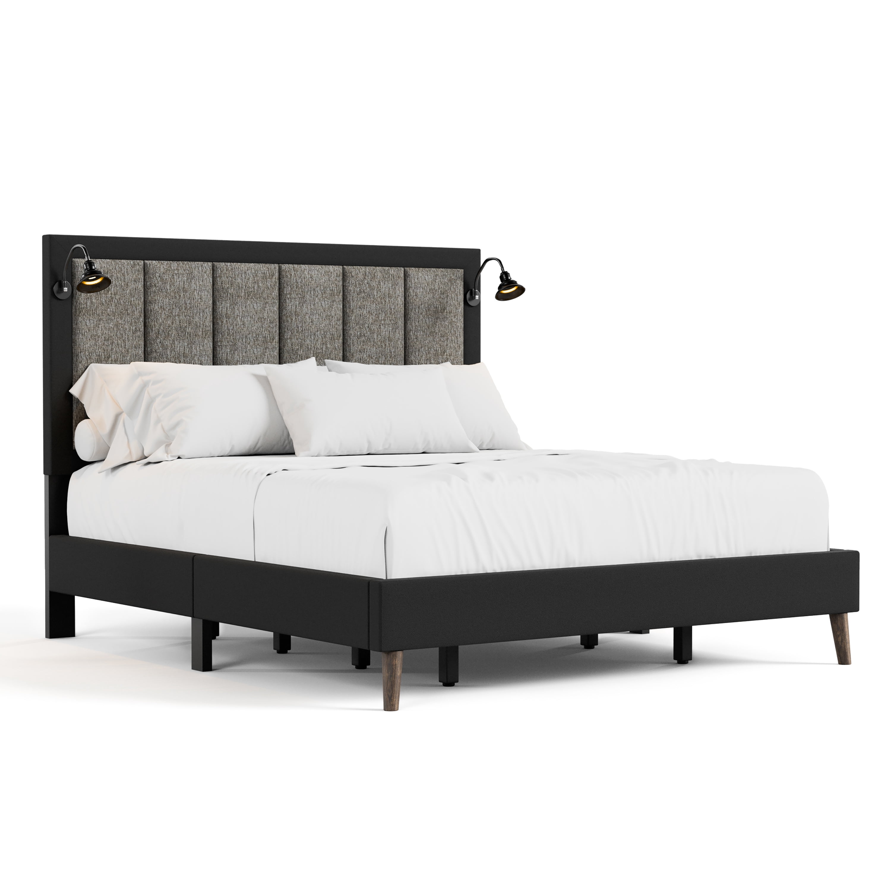 Furniture of America Jovik Adult Queen Wood Panel Bed with Reading Lights, Dark Brown