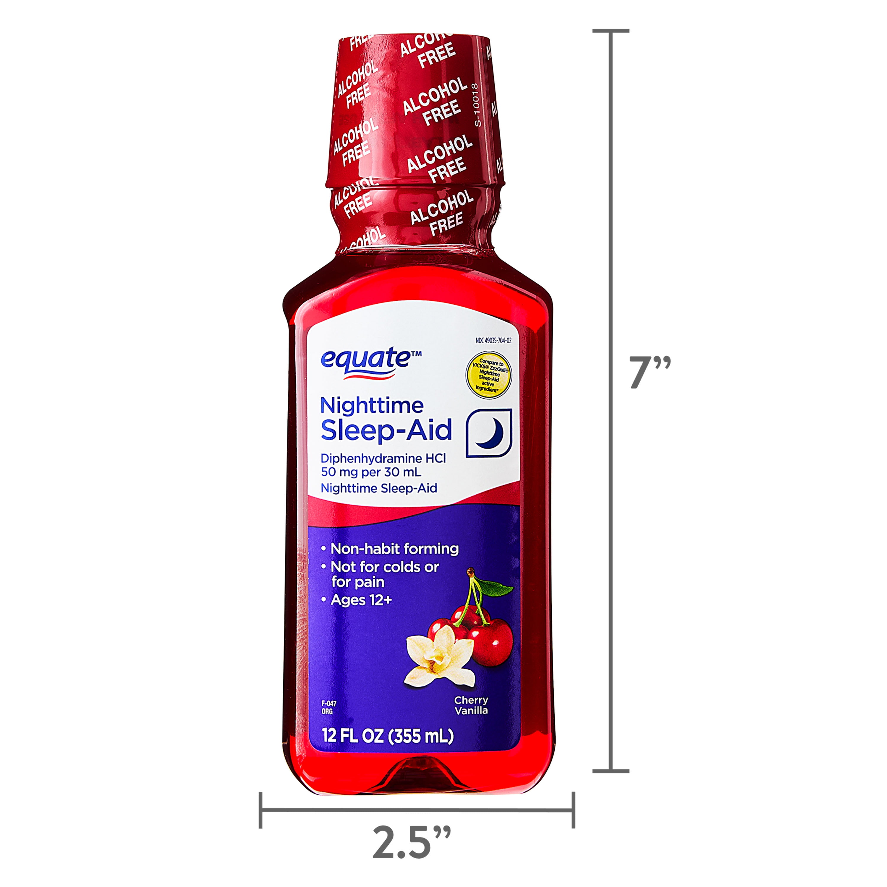 Equate Alcohol-FreeNighttime Sleep Aid Diphenhydramine 50 mg Liquid, Cherry Vanilla Flavor, 12 fl oz, Compare to VICKS® ZzzQuil ®Nighttime Sleep-Aid Active Ingredient